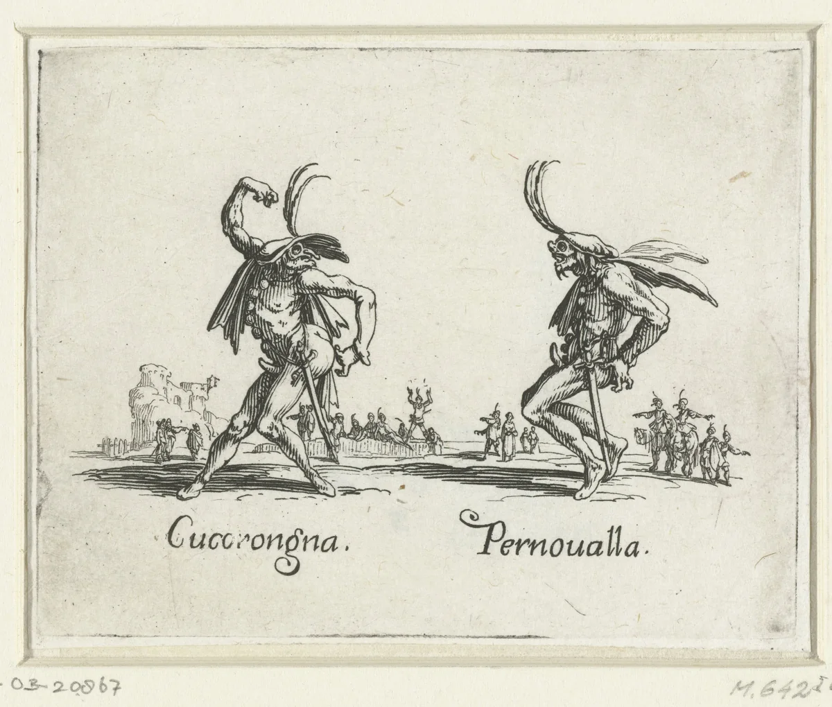 Twee straatartiesten als Cucorongna en Pernoualla by Jacques Callot, print, 1621-1622
