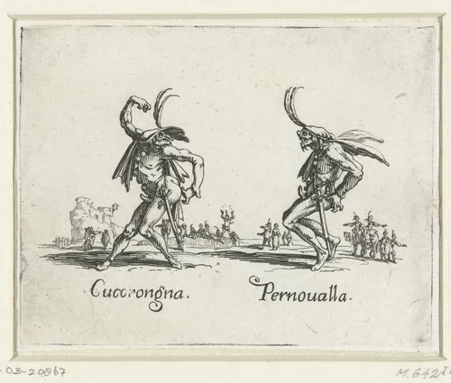 Twee straatartiesten als Cucorongna en Pernoualla by Jacques Callot, print, 1621-1622