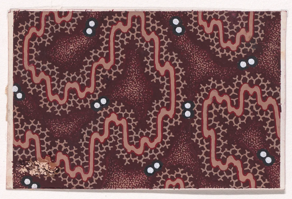 Textile Design with an Undulating Ribbon with Honeycomb Pattern Offsetts and Pearls over a Stippled Background by anonymous, drawing, 1840