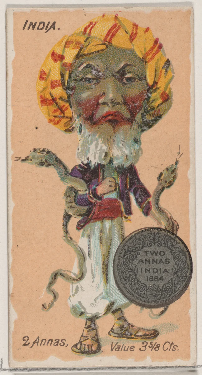 Caricatured Indian, 2 Annas, from the series Coins of All Nations (N72, variation 2) for Duke brand cigarettes by W. Duke, Sons & Co., print, 1889