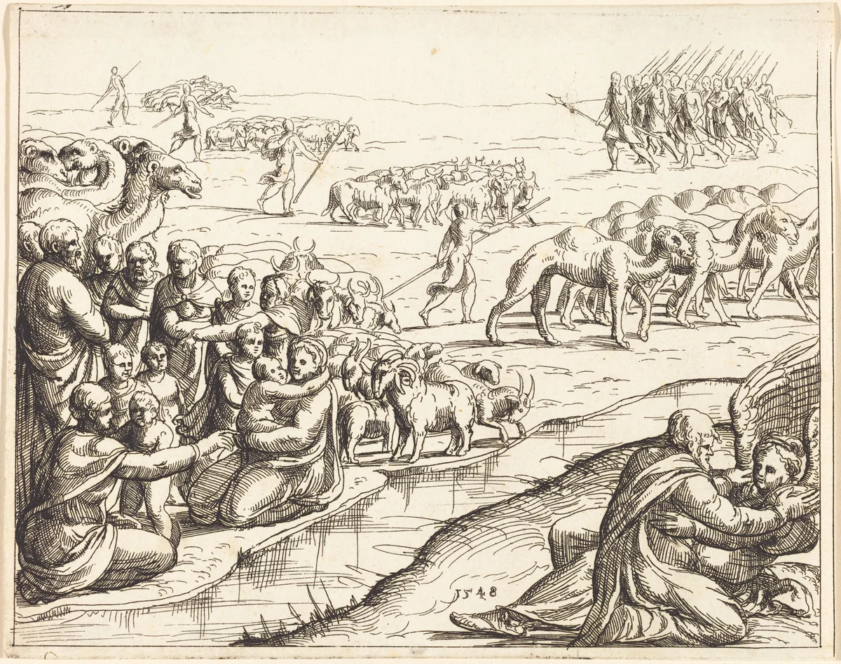 Jacob Wrestling with the Angel by Augustin Hirschvogel, print, 1503-1553