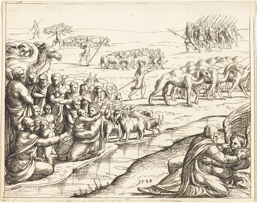 Jacob Wrestling with the Angel by Augustin Hirschvogel, print, 1503-1553