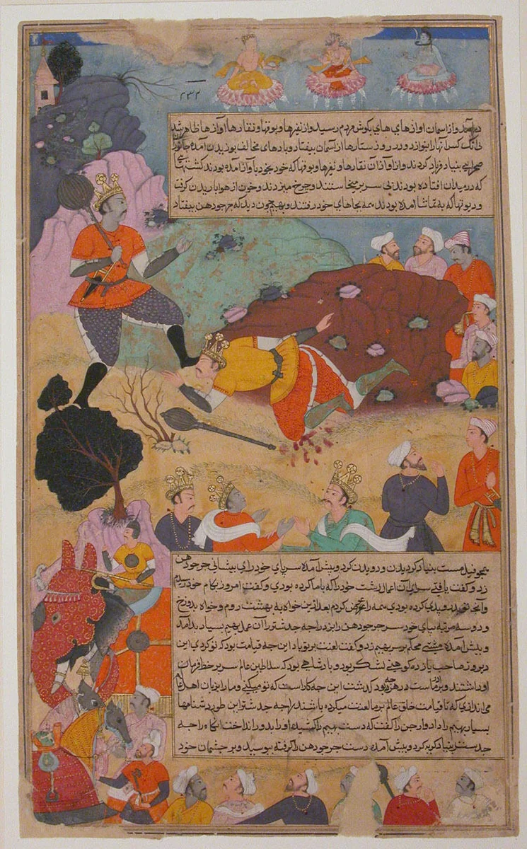"Bhima Defeates Duryodhana", Folio from a Razmnama by Abd al-Rahim ibn Muhammad Bairam Khan Khan-i Khanan, manuscript, 1591-1642