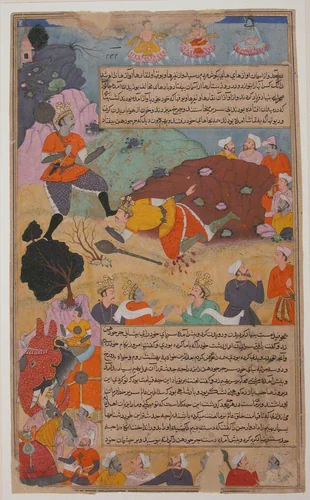 "Bhima Defeates Duryodhana", Folio from a Razmnama by Abd al-Rahim ibn Muhammad Bairam Khan Khan-i Khanan, manuscript, 1591-1642