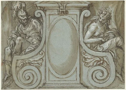 Deurbekroning met de figuren van Oorlog en Vrede by Paolo Farinati, drawing, 1535-1606