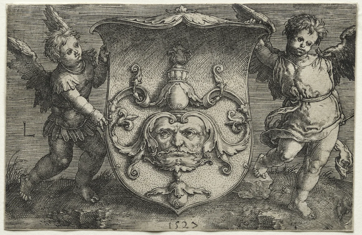A Shield Bearing a Mask Supported by Two Genii by Lucas van Leyden, print, 1527