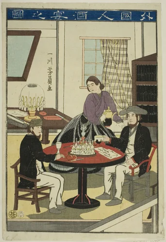 Foreigners Drinking Wine (Gaikokujin shuen no zu) by Utagawa Yoshikazu, print, 1860