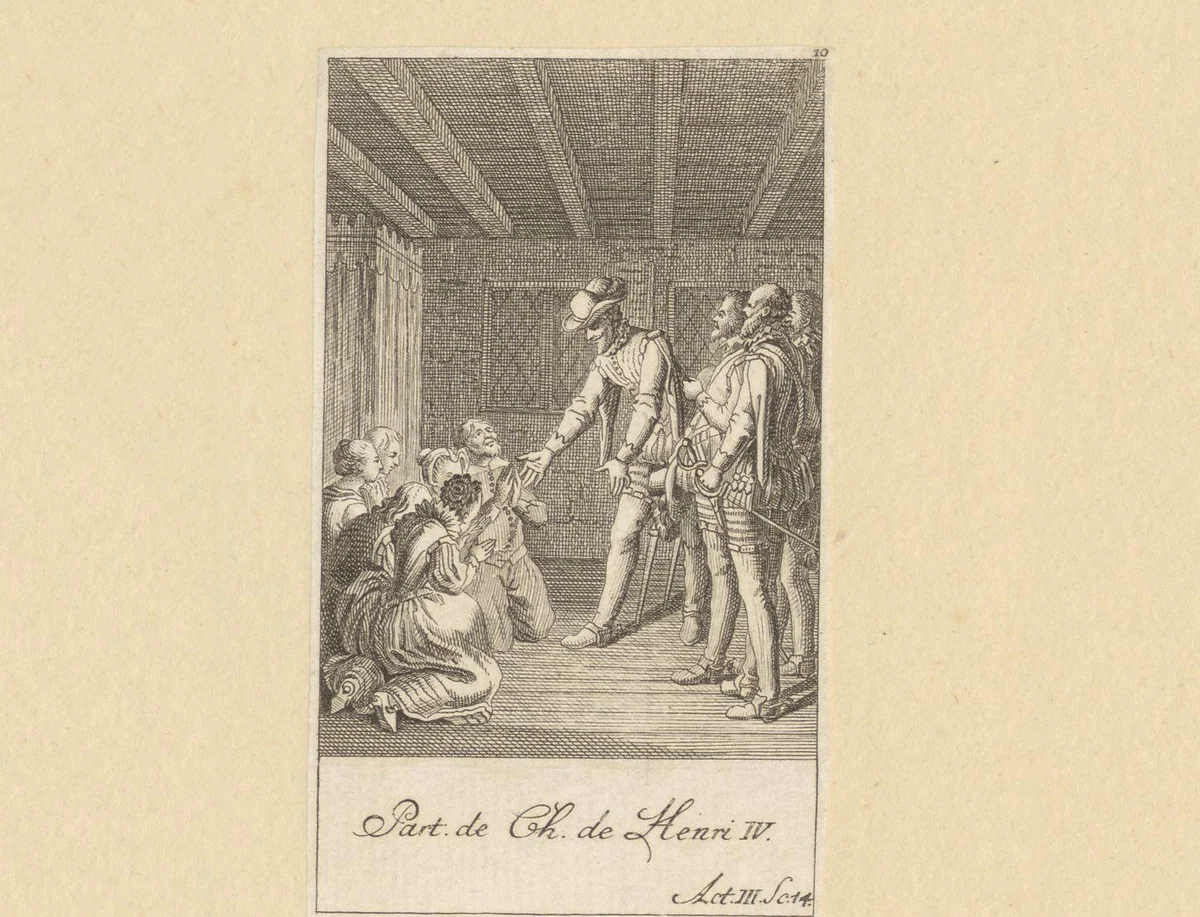 Michau, Margot, Lucas, Catau, Richard en Agathe knielen voor Hendrik IV by Daniel Berger, print, 1774