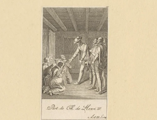 Michau, Margot, Lucas, Catau, Richard en Agathe knielen voor Hendrik IV by Daniel Berger, print, 1774