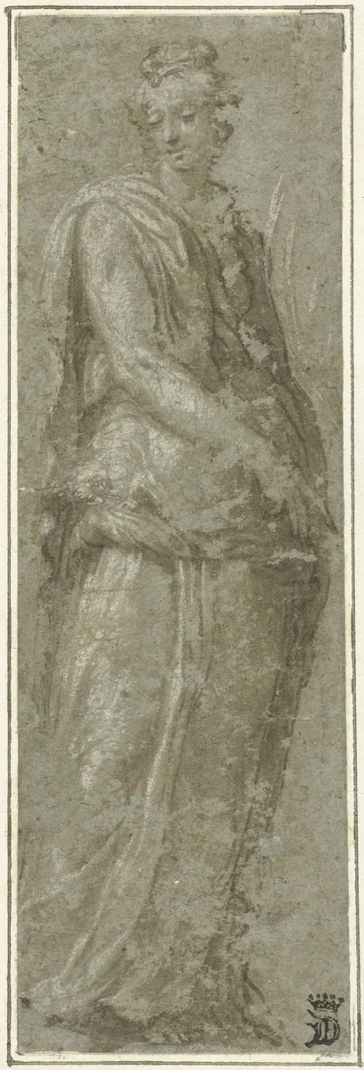 Staande martelares, palmbladen ophoudend by anonymous, drawing, 1500-1599