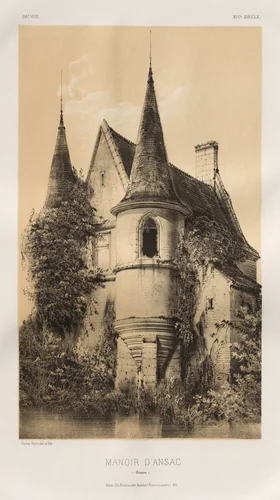 Architecture Pittoresque ou Monuments des XVeme. Et XVIeme. Siecles: Chateaux de France des XV et XVI Siecles: Pl. 98, Manoir d'Ansac (Corrèze) by Victor Petit, print, 1860