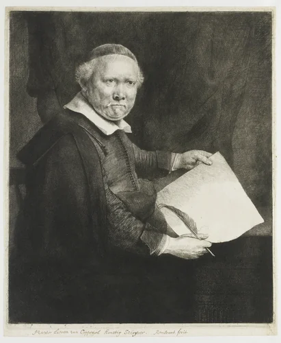 Lieven Willemsz. van Coppenol, writing master: the larger plate by Rembrandt van Rijn, print, 1658