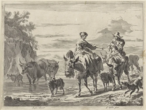 Herder en herderin, elk op een ezel by Jan de Visscher, print, 1643-1706