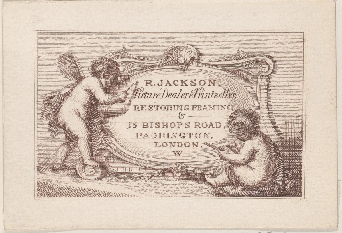 Trade Card for Robert Jackson, Picture Dealer, Printseller, and Restorer by anonymous, print, 1800-1900