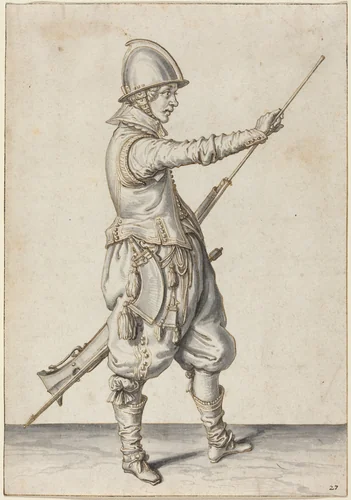 Elegantly Dressed Soldier Tamping His Caliver by Jacques de Gheyn II, drawing, 1597