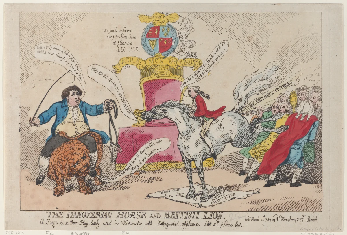 The Hanoverian Horse and British Lion by Thomas Rowlandson, print, 1784