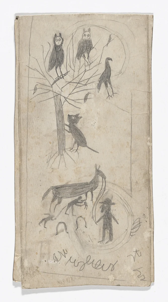 Owls in Tree/Shoeing Mule by Bill Traylor, drawing, 1939