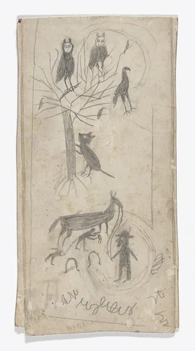 Owls in Tree/Shoeing Mule by Bill Traylor, drawing, 1939