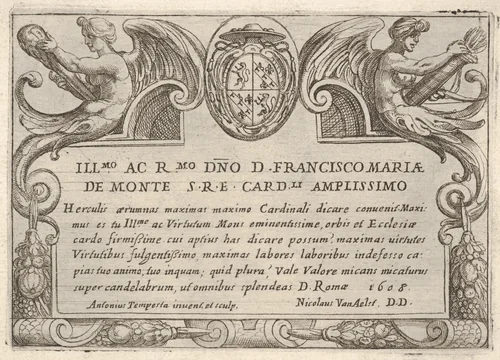 Title plate with the arms of Cardinal Francesco Maria de Monte, for "The Labors of Hercules" by Antonio Tempesta, print, 1608