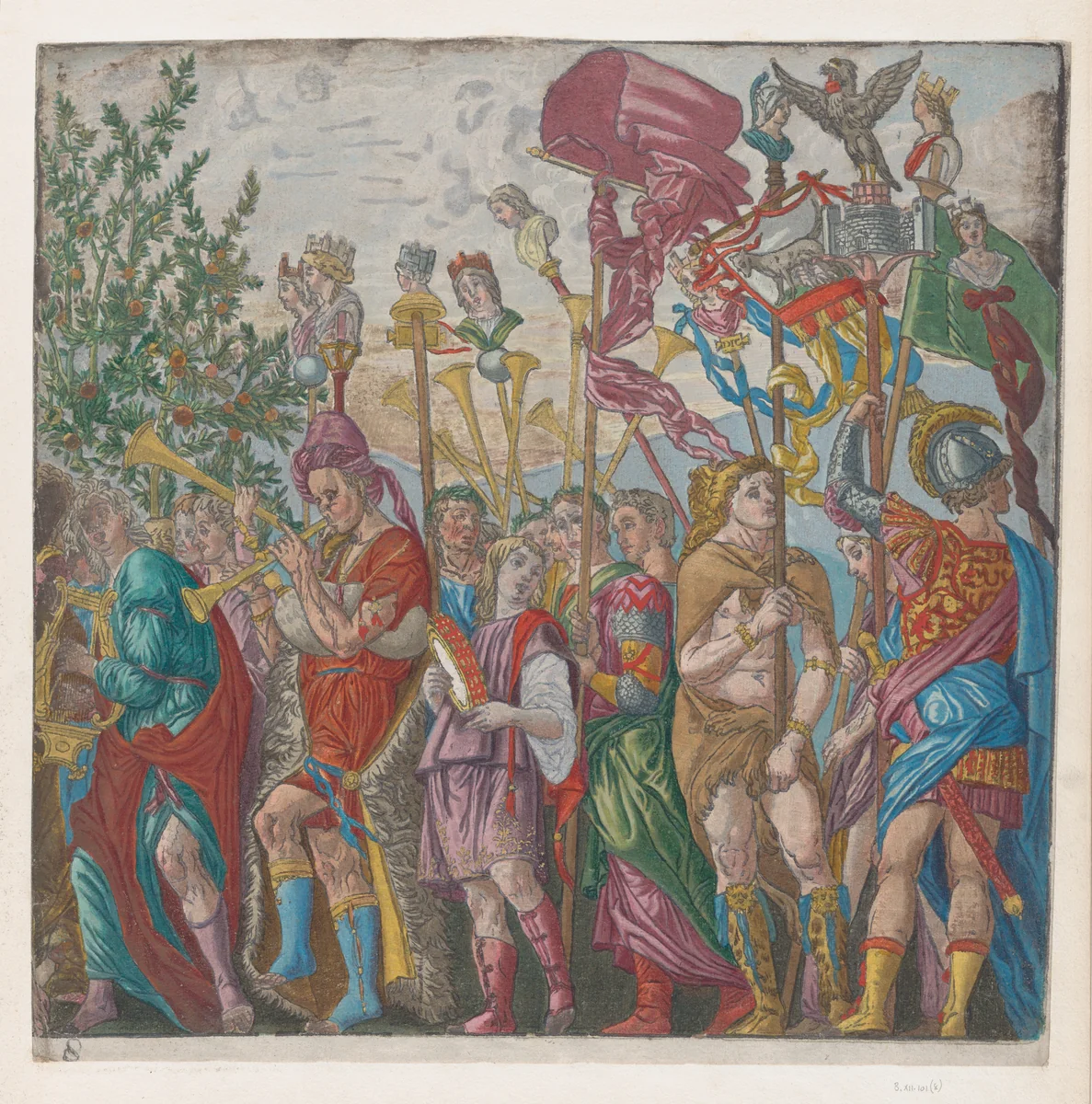 Sheet 7: Procession of Musicians and others holding standards, from "The Triumph of Julius Caesar" by Andrea Andreani, print, 1599