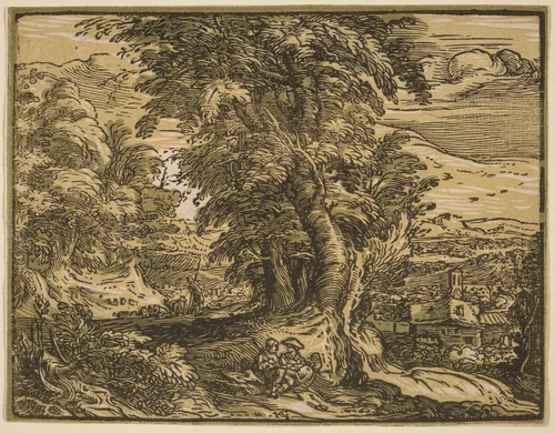 Landscape with a Shepherd Couple by Hendrick Goltzius, print, 1592-1595