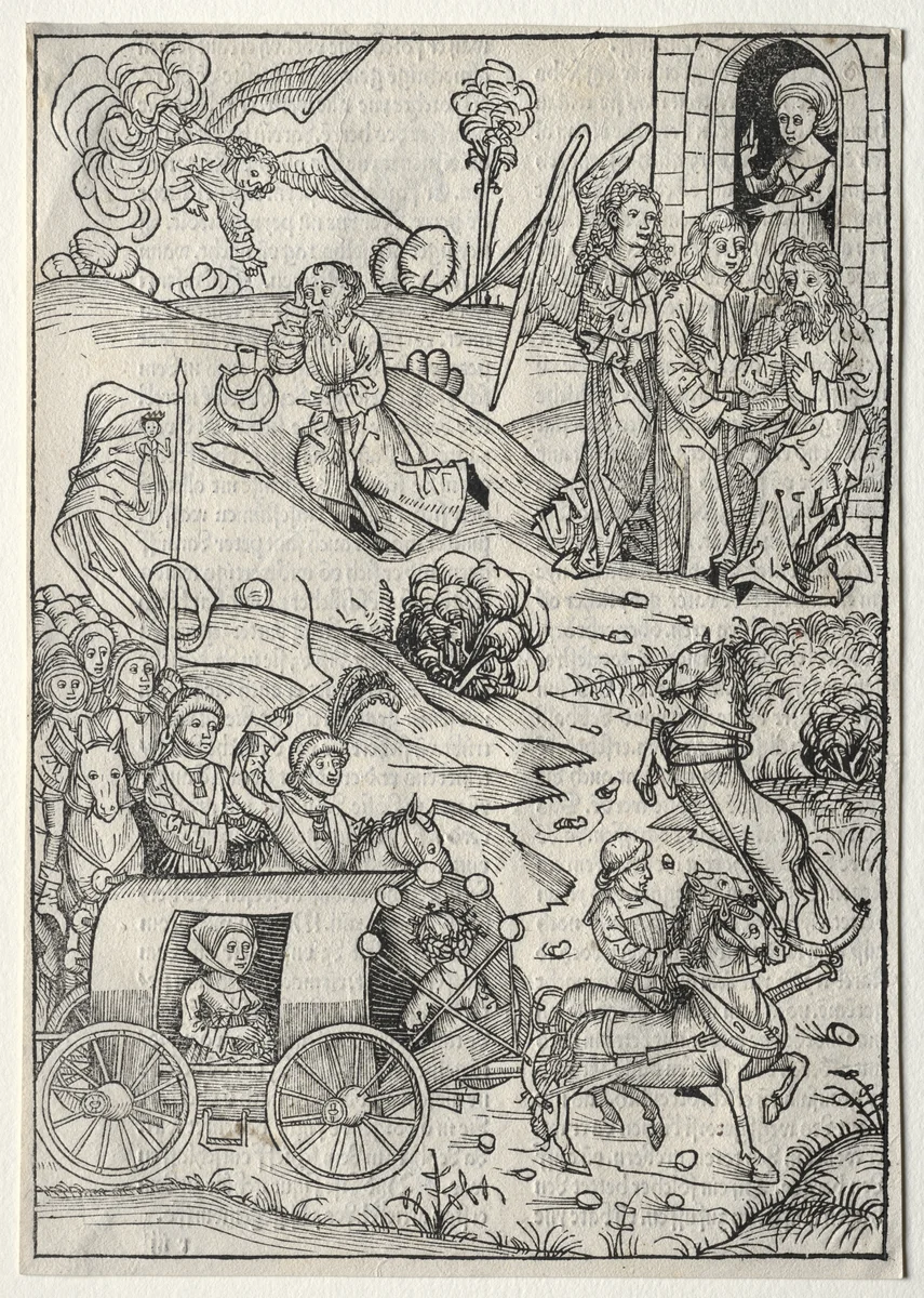 Der Schatzbehalter: The Return of Tobias to Tobit; The Arrival of Tobias' Wife; The Angel Bringing Food and Drink to Elijah in the Desert by Michael Wolgemut, print, 1491