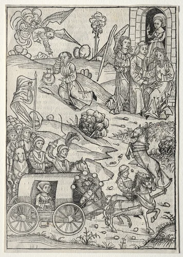 Der Schatzbehalter: The Return of Tobias to Tobit; The Arrival of Tobias' Wife; The Angel Bringing Food and Drink to Elijah in the Desert by Michael Wolgemut, print, 1491