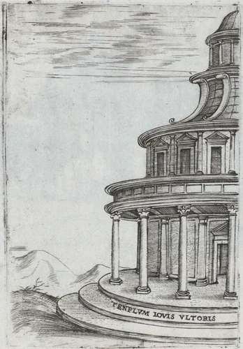 Teatrum Bordeos [Transitorium Caesaris in later editions], from a Series of Prints depicting (reconstructed) Buildings from Roman Antiquity by Monogrammist G.A. with the Caltrop, book, 1530-1550