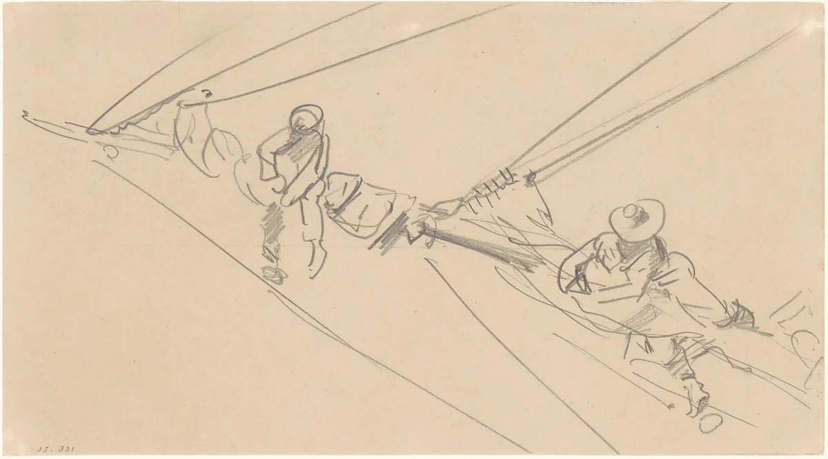 Men on a Spar by John Singer Sargent, drawing, 1871-1881