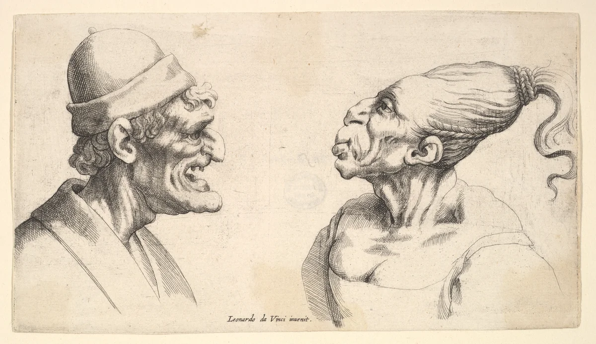 Two deformed heads by Wenceslaus Hollar, print, 1645-1650
