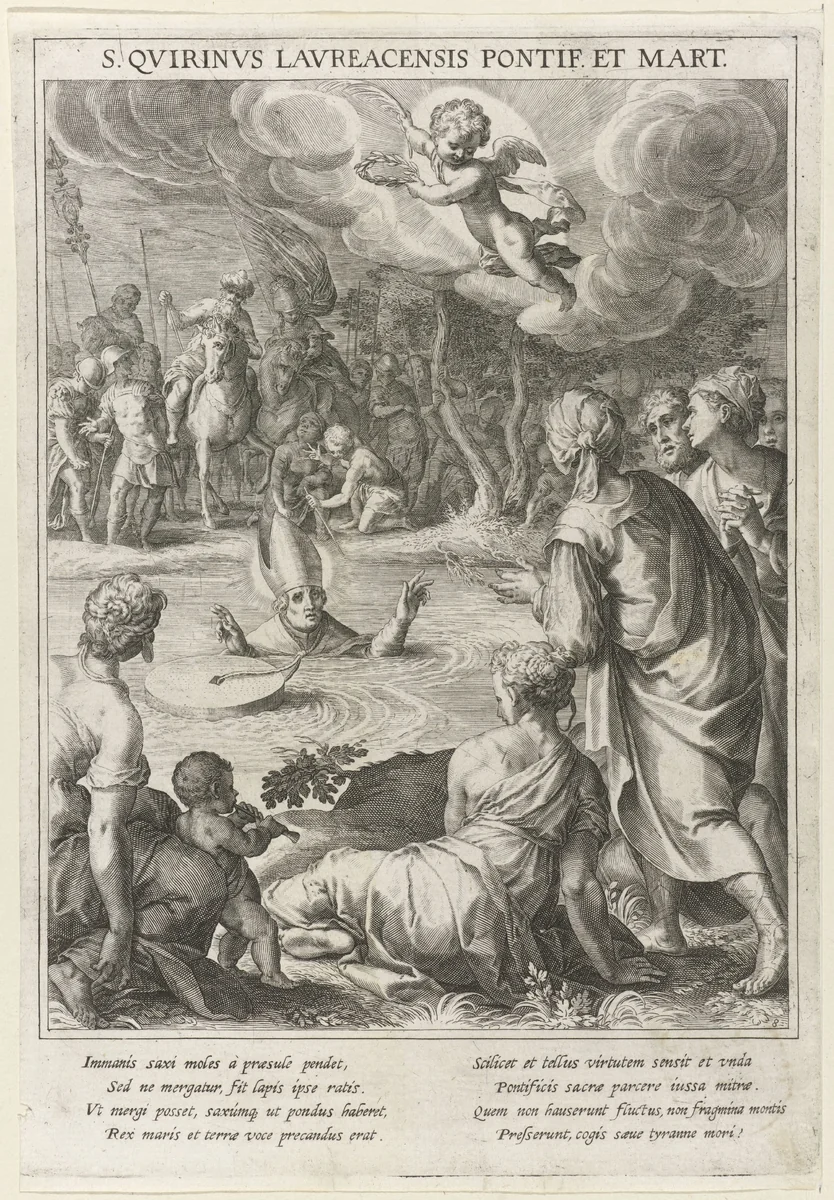 Verdrinkingsdood van de Heilige Quirinus by Raphaël Sadeler, print, 1615