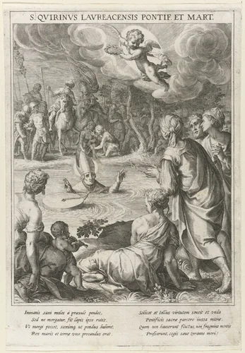 Verdrinkingsdood van de Heilige Quirinus by Raphaël Sadeler, print, 1615