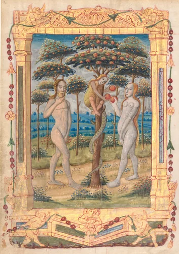 Leaf from a Book of Hours: Adam and Eve and the Fall of Man (Prefatory Miniature to the Office of the Virgin) (recto) by Unknown, manuscript, 1505-1515