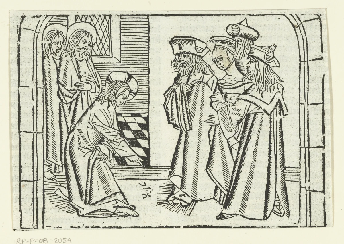 Christus en de overspelige vrouw by Unknown, print, 1480-1500