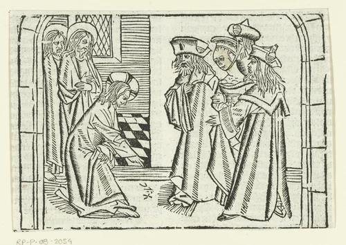 Christus en de overspelige vrouw by Unknown, print, 1480-1500