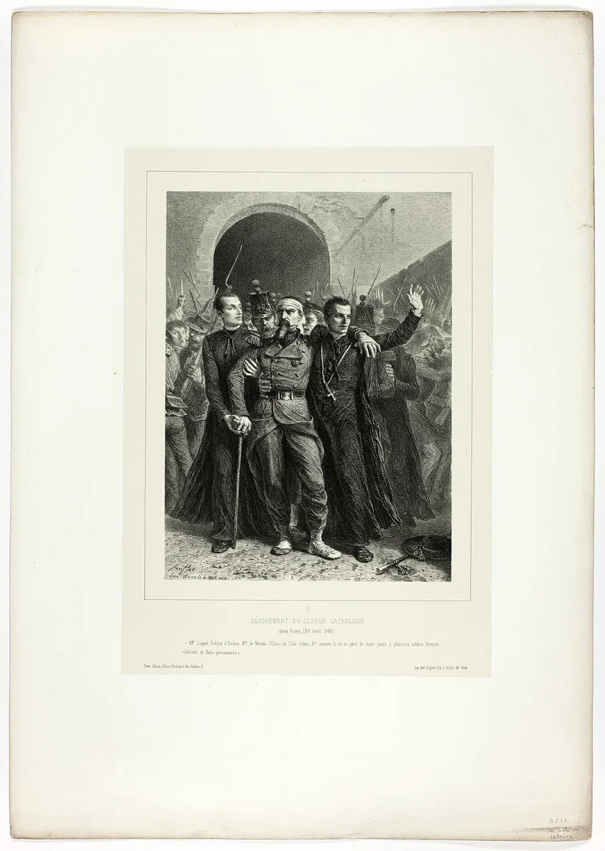Devotion of the Catholic clergy in Rome, April 30, 1849, from Souvenirs d’Italie: Expédition de Rome by Denis Auguste Marie Raffet, print, 1858