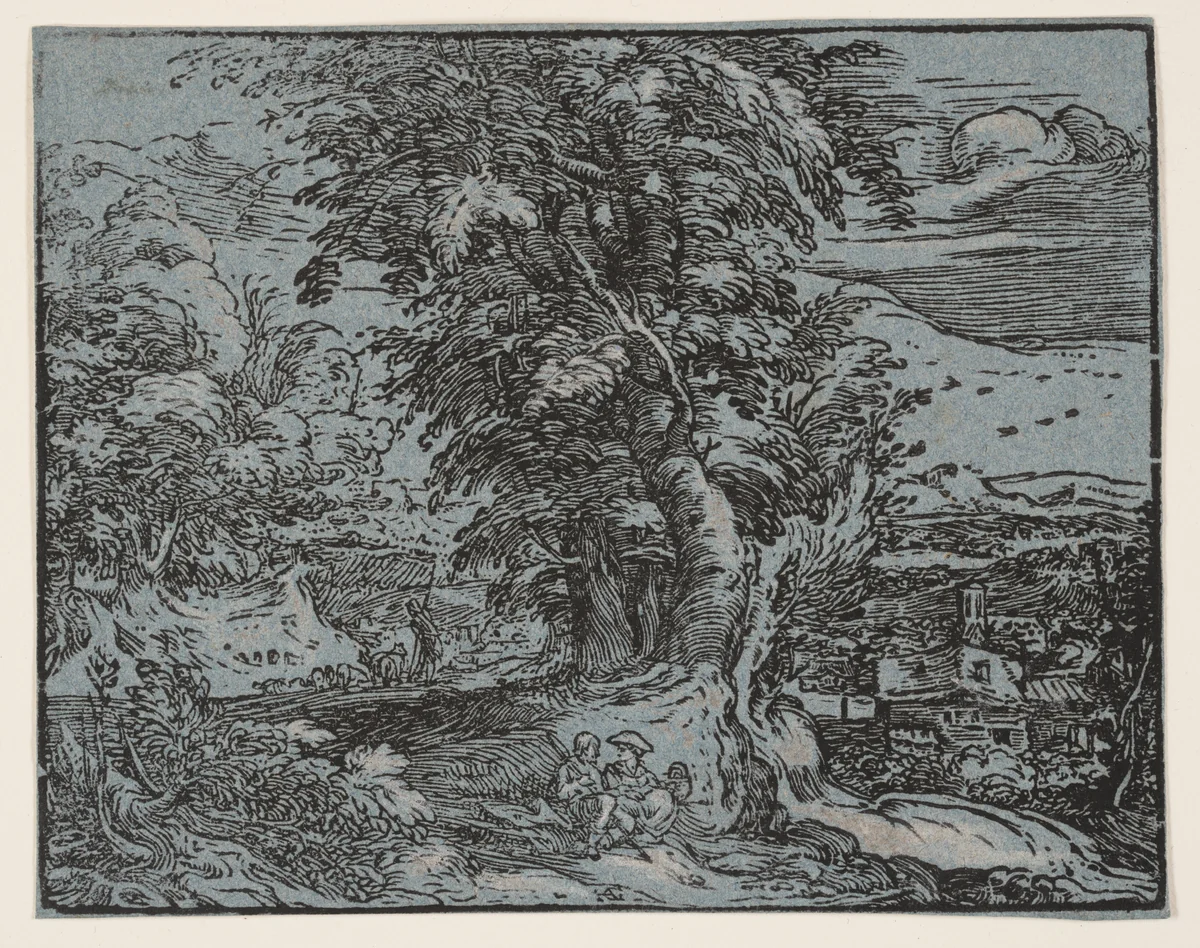 Landscape with a Shepherd Couple by Hendrick Goltzius, print, 1600