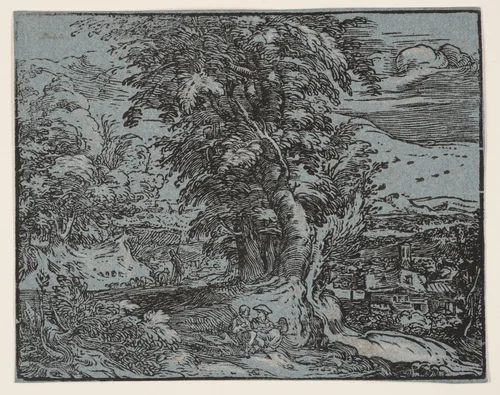 Landscape with a Shepherd Couple by Hendrick Goltzius, print, 1600