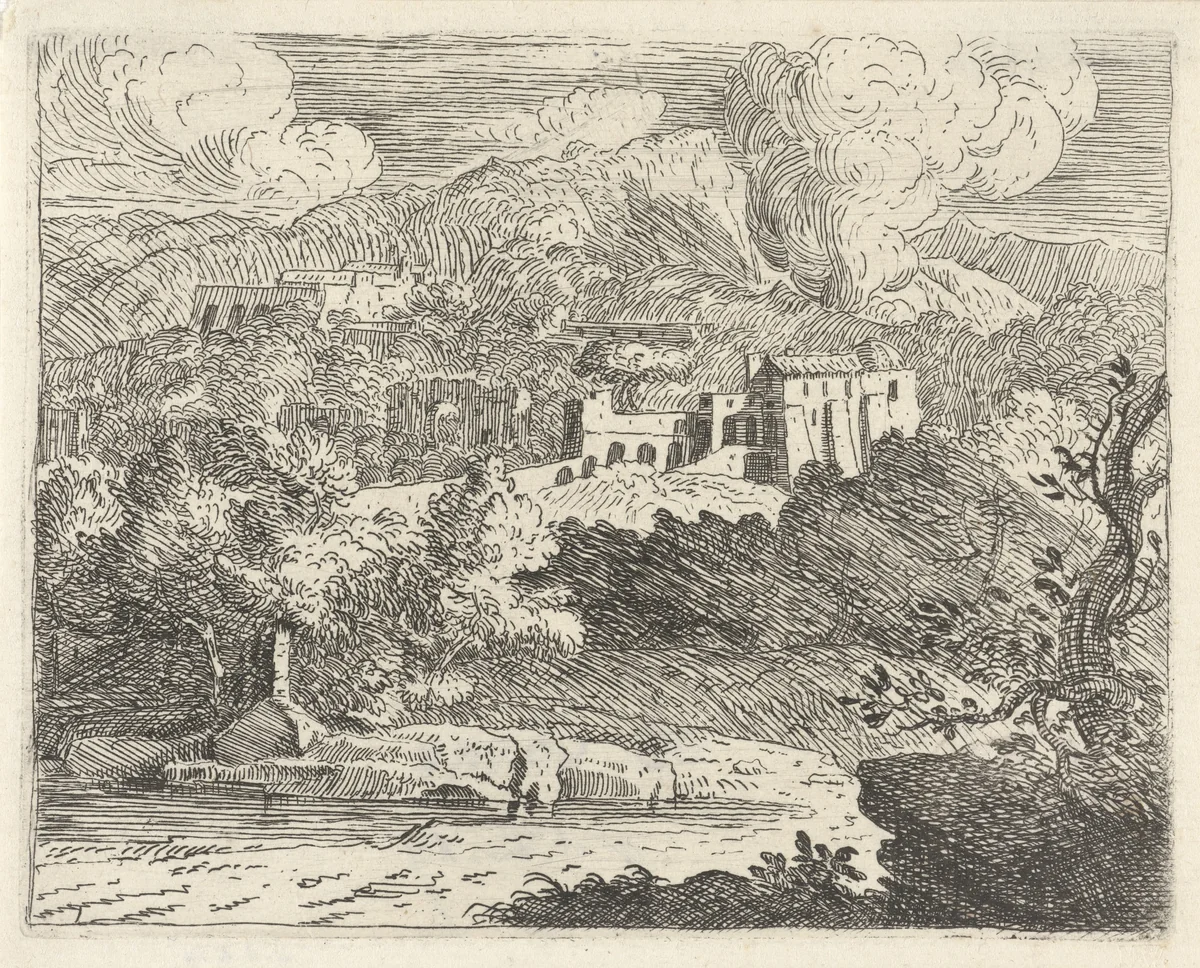 Heuvellandschap met stroompje by Govert van der Leeuw, print, 1655-1688