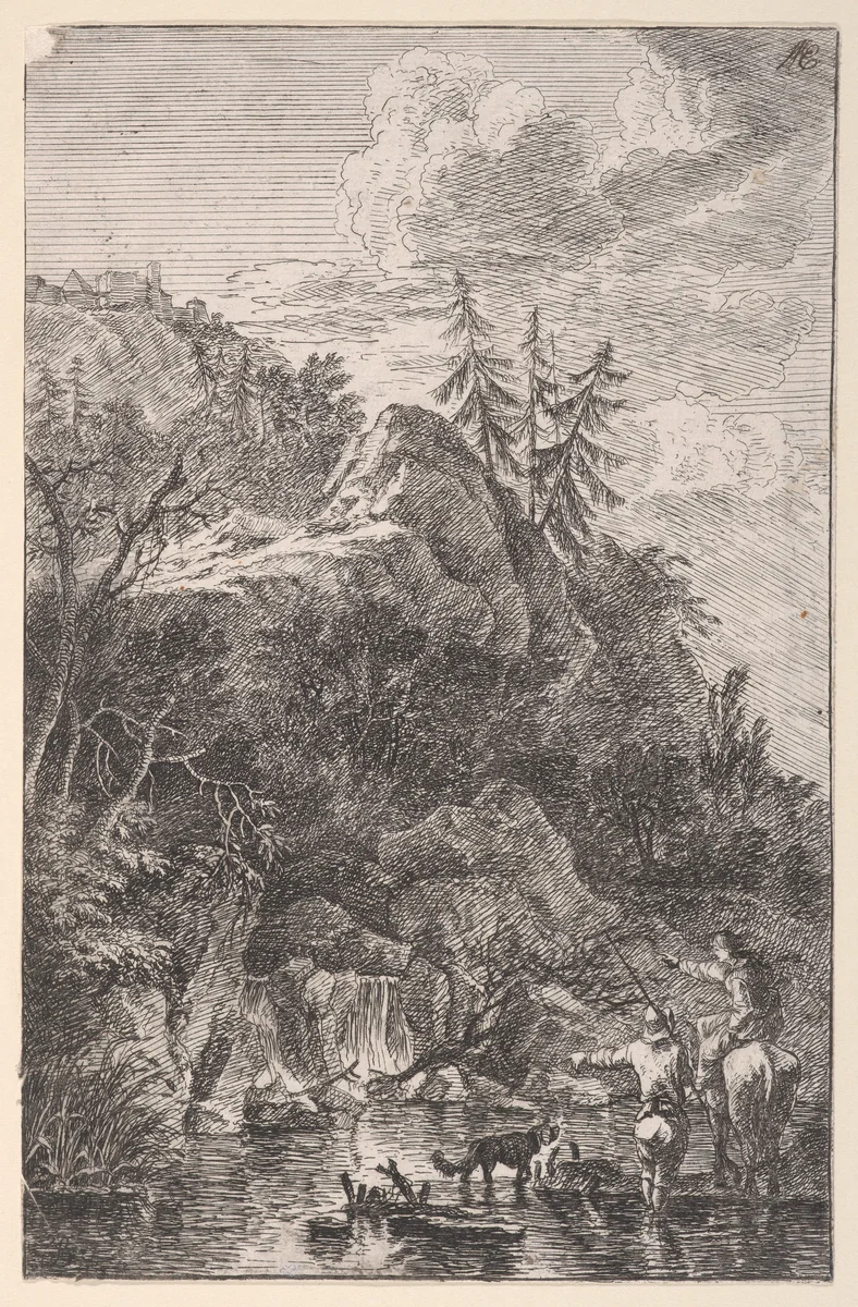 Plate 5: female figure on horseback and a male figure with a dog standing in a stream, pointing to a waterfall at left in the background, from 'Landscapes in the manner of Salvator Rosa' (Die Landschaften in Sal. Rosa's) by Franz Joachim Beich, print, 1695-1730