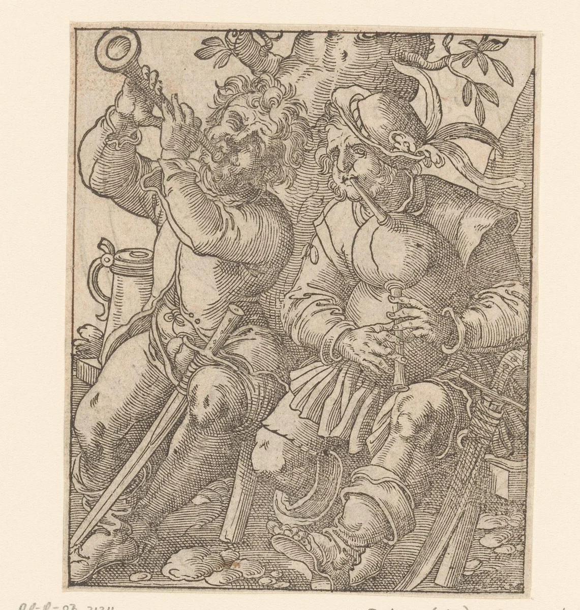 Hoornspeler en een doedelzakspeler by Unknown, print, 1580