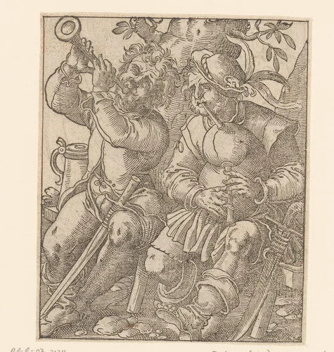 Hoornspeler en een doedelzakspeler by Unknown, print, 1580