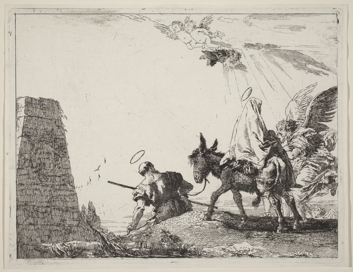 The Flight with Obelisk at the Left by Giovanni Domenico Tiepolo, print, 1753