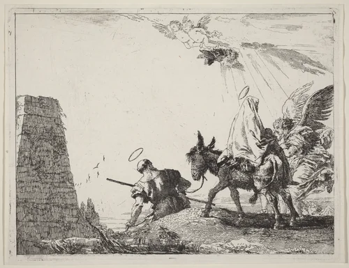 The Flight with Obelisk at the Left by Giovanni Domenico Tiepolo, print, 1753