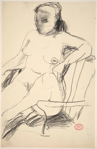 Untitled [seated nude with her leg pulled into an armchair] by Richard Diebenkorn, drawing, 1955-1967