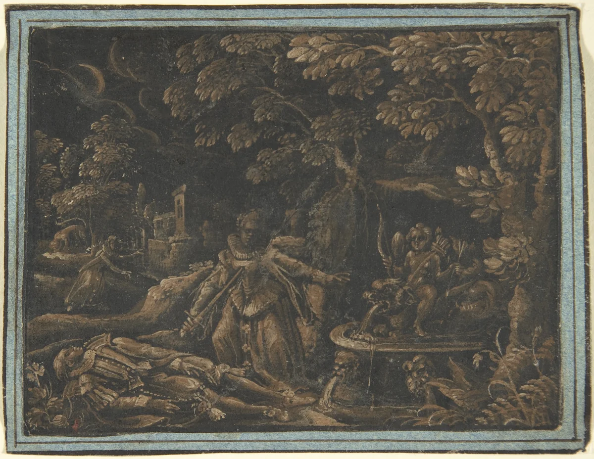 Pyramus and Thisbe by anonymous, drawing, 1575-1585