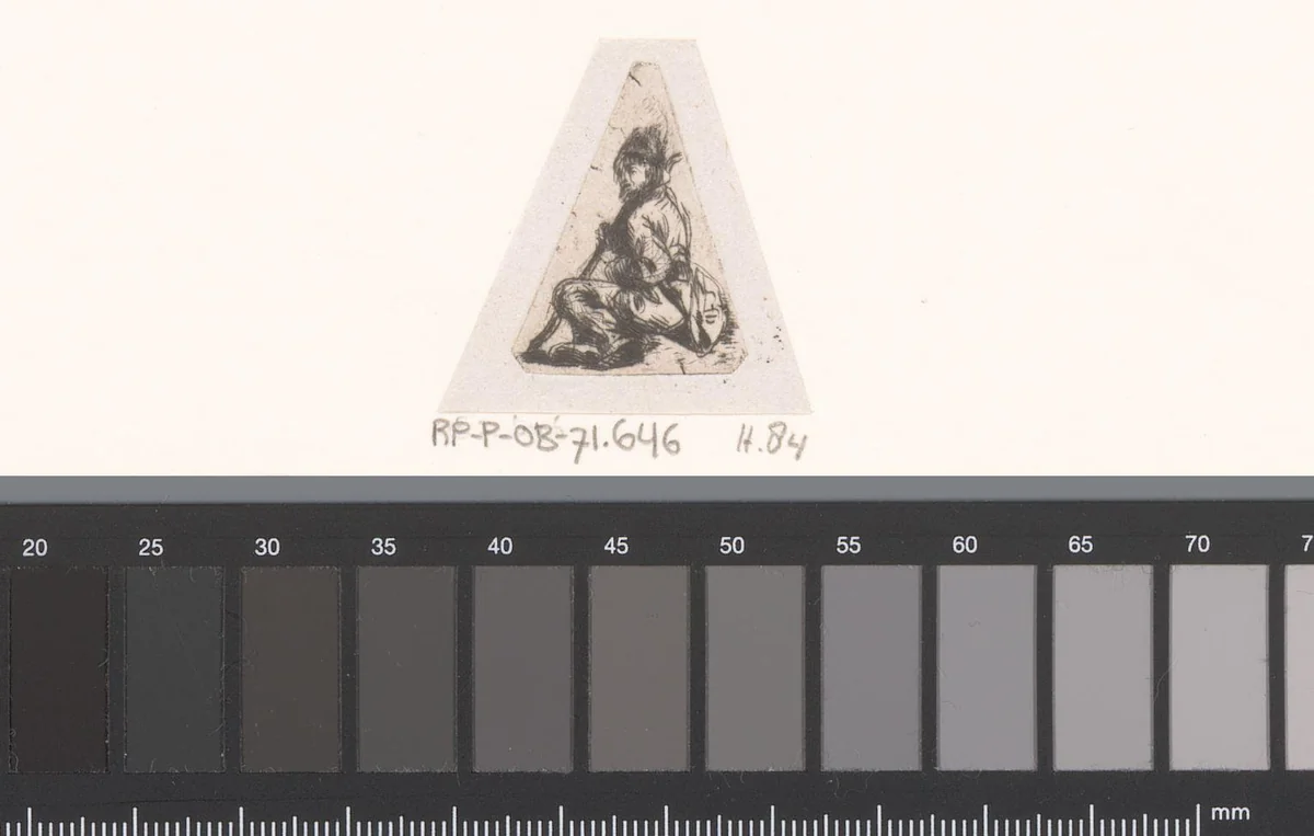 Zittende man met muts en stok by Jean Pierre Norblin de la Gourdaine, print, 1774-1789
