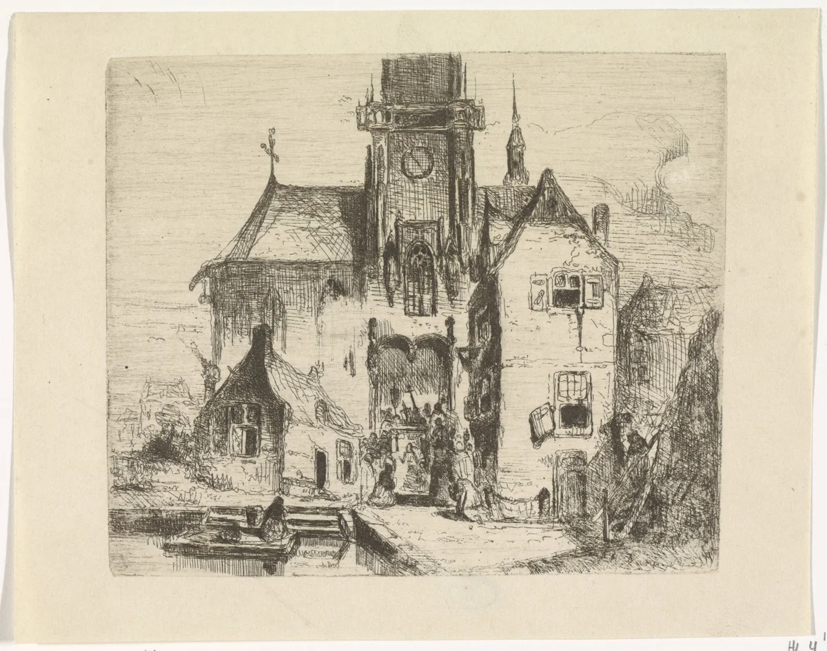 Processie in de deuropening van een kerk by Petrus Marius Molijn, print, 1829-1849