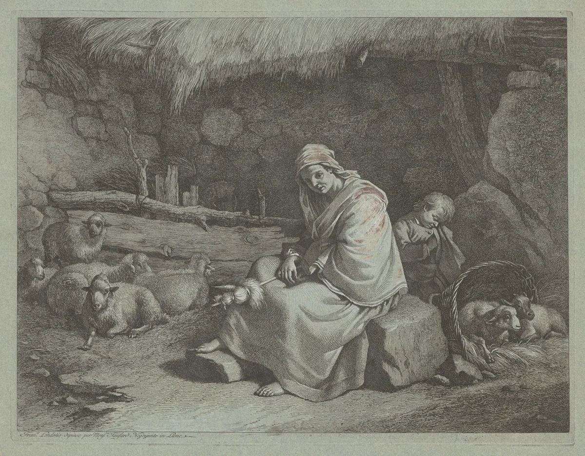 Interior of a Stable with a Seated Spinner and Sleeping Child by Francesco Londonio, print, 1759-1782