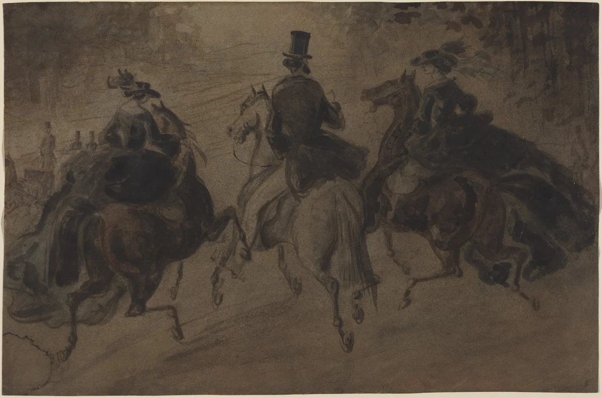 Cavalier and Two Ladies on Horseback by Constantin Guys, drawing, 1805-1892